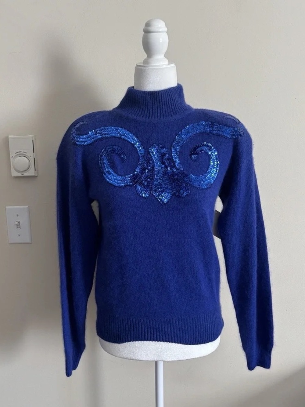 Blue Sequin Accent Mock Neck Sweater - Women